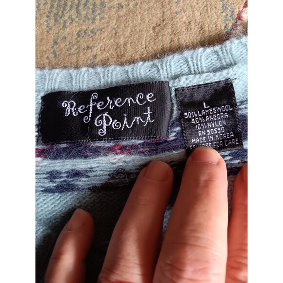 Reference Point Lamb Wool Angora Blue Patterned Mid Riff Sweater Size L - Picture 2 of 3